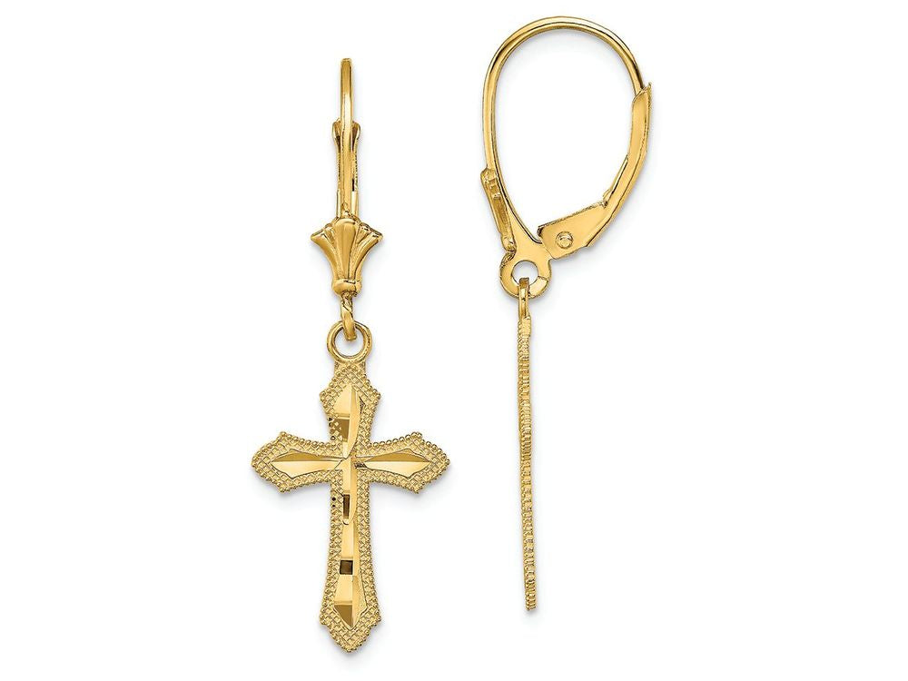 FJC Finejewelers 14k Yellow Gold Bright Cut Cross with Beaded Edge Leverback Earrings