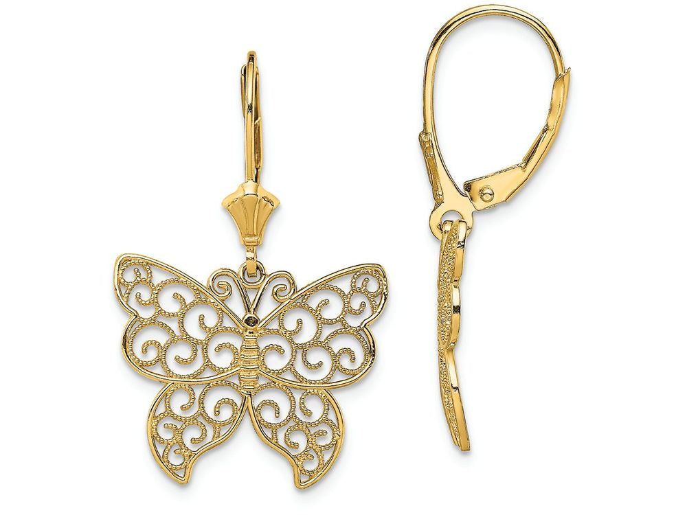 FJC Finejewelers 14k Yellow Gold Butterfly with Beaded Filigree Wings Leverback Earrings