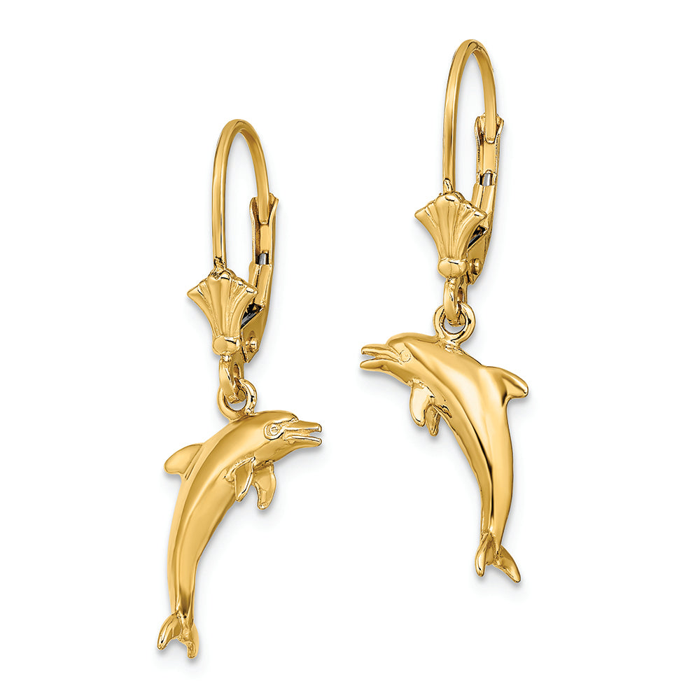 FJC Finejewelers 14k Yellow Gold 3d Mini Dolphin Jumping Leverback Earrings Polish Text