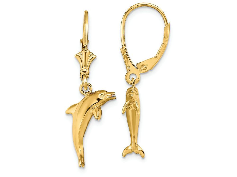 FJC Finejewelers 14k Yellow Gold 3d Mini Dolphin Jumping Leverback Earrings Polish Text