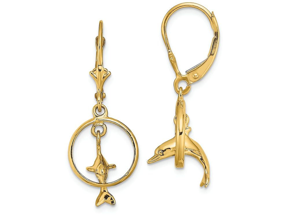 FJC Finejewelers 14k Yellow Gold 3d Dolphin Jumping Thru Hoopleverback Earrings