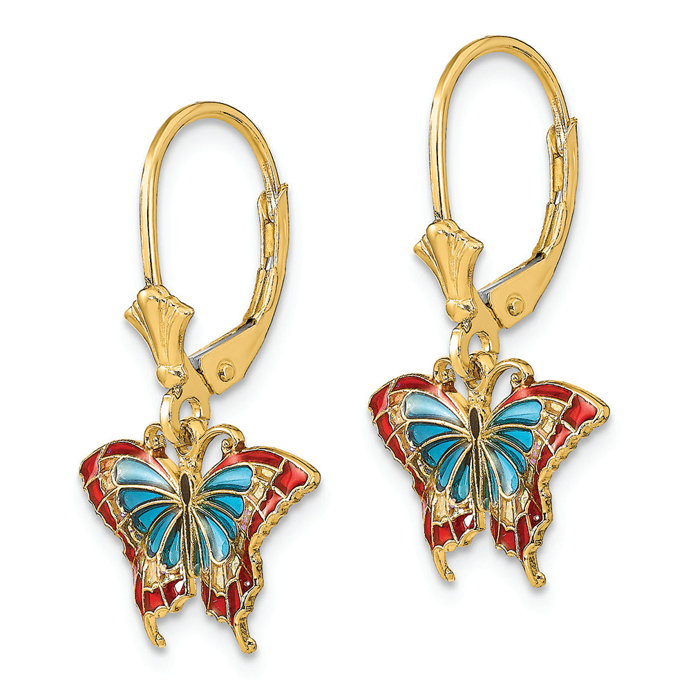 FJC Finejewelers 14k Yellow Gold Butterfly with Blue Stained Glass Wings Leverback Earrings