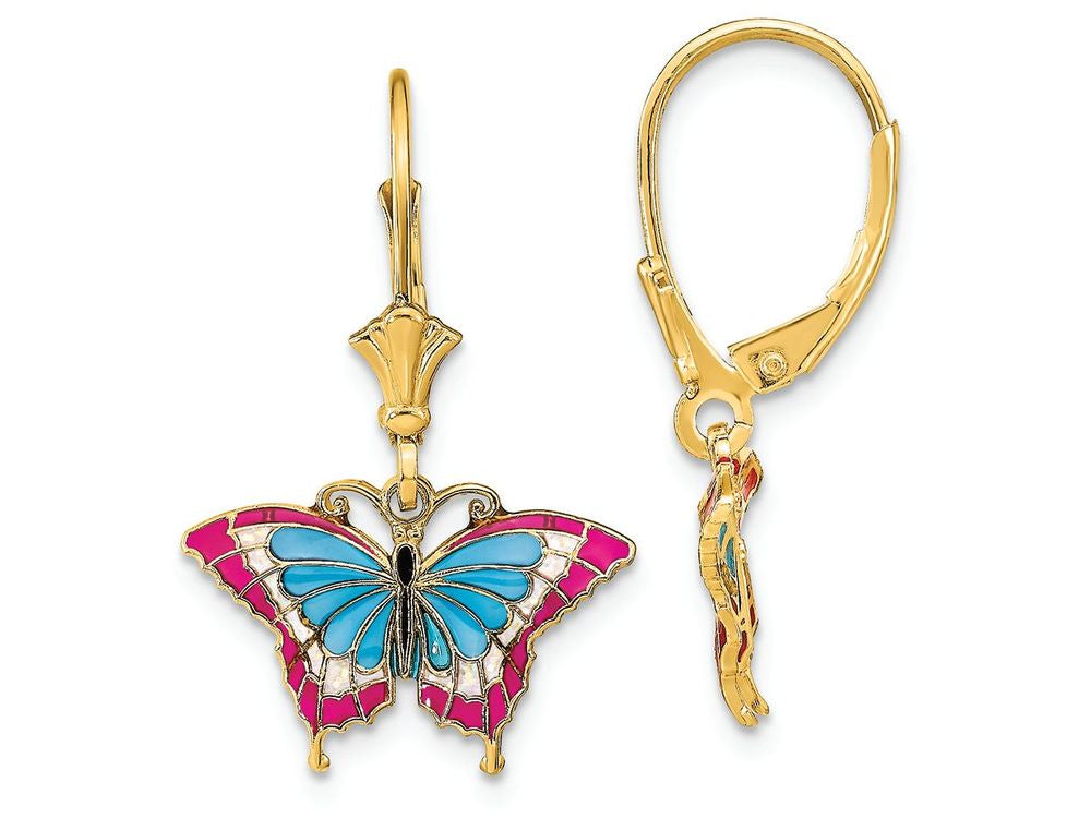 FJC Finejewelers 14k Yellow Gold Butterfly with Blue Stained Glass Wings Leverback Earrings