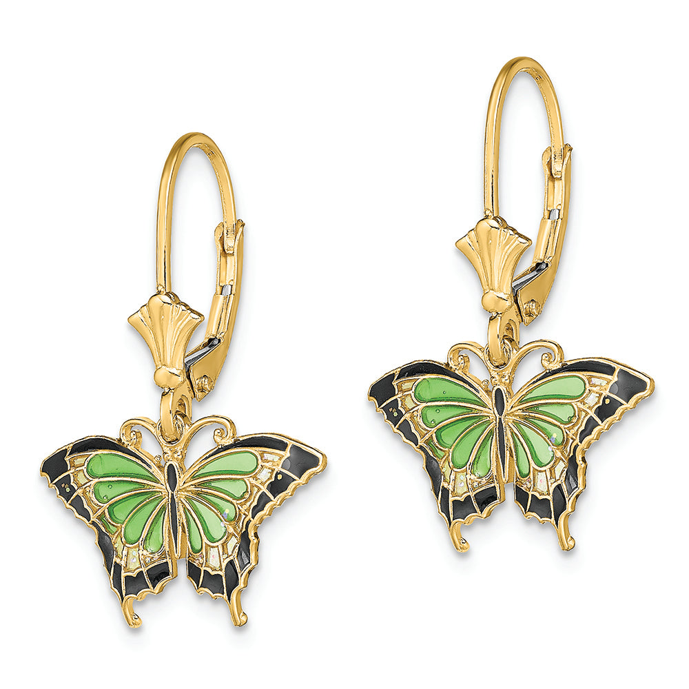 FJC Finejewelers 14k Yellow Gold Butterfly with Green Stained Glass Wings Leverback Earrings