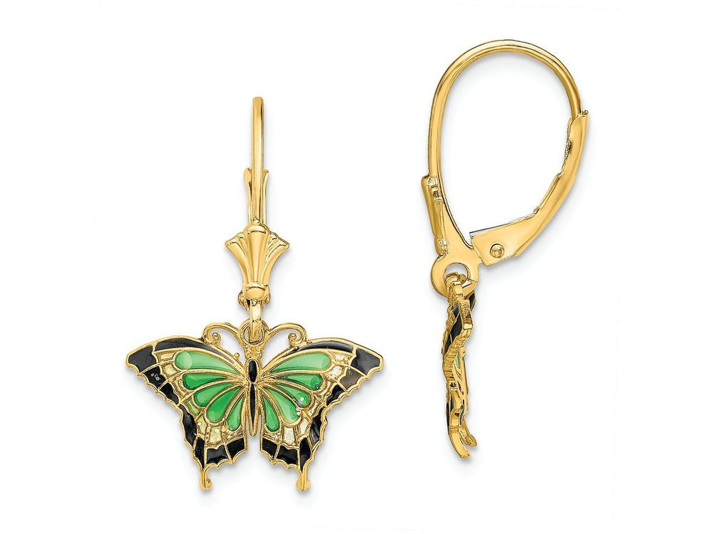 FJC Finejewelers 14k Yellow Gold Butterfly with Green Stained Glass Wings Leverback Earrings