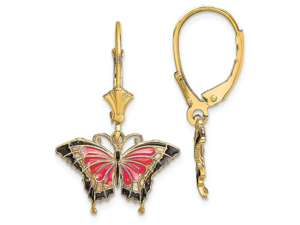 FJC Finejewelers 14k Yellow Gold Butterfly with Pink Stained Glass Wings Leverback Earrings