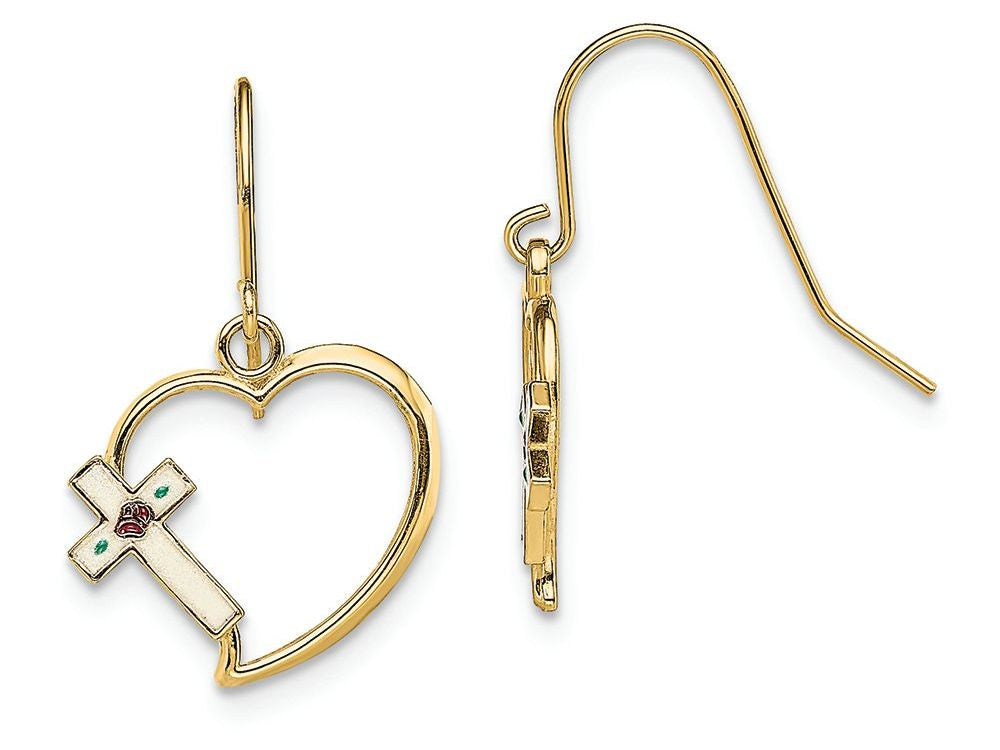 FJC Finejewelers 14k Yellow Gold Heart with Enamel Cross Wire Earringscut-out