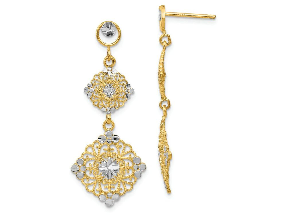 FJC Finejewelers 14k Yellow Gold with Rhodium Bright Cut Filigree Dangle Earrings
