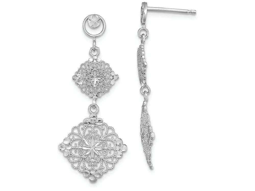 FJC Finejewelers 14k White Gold Filigree Medallion Drop Earings Wht Bright Cut Center Edges