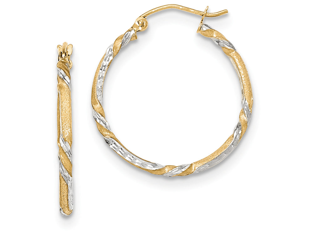 FJC Finejewelers 14k Yellow Gold and Rhodium Satin Bright Cut Twisted Hoop Earrings