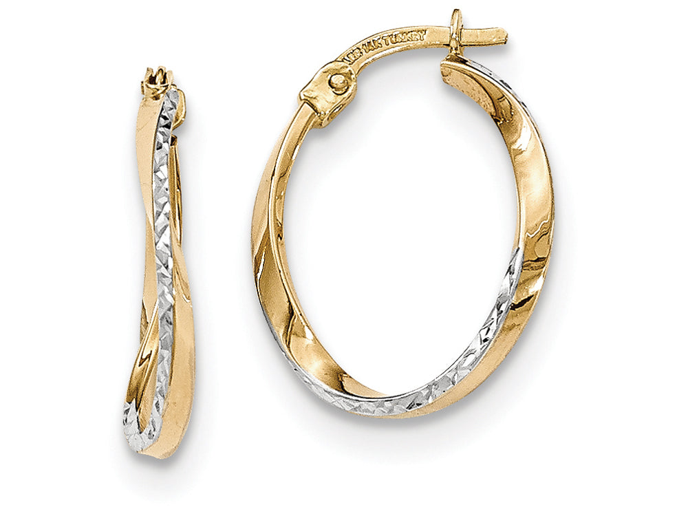 FJC Finejewelers 14k Yellow Gold And Rhodium Textured And Polished Oval Hoop Earrings