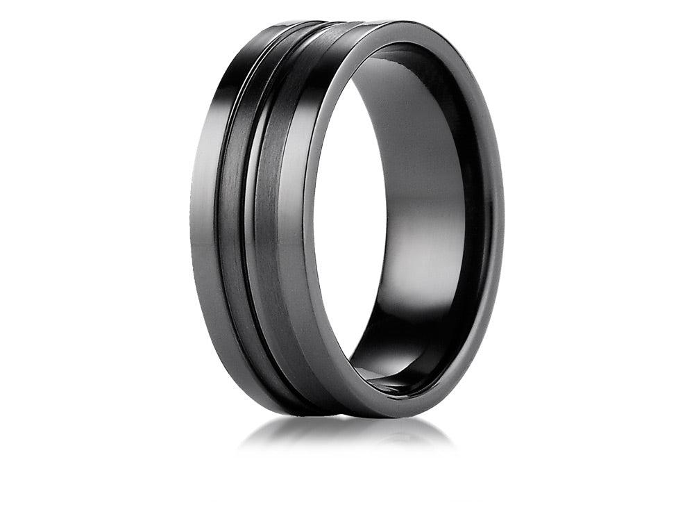 Benchmark Black Titanium 8mm Comfort-Fit Satin with Polished Center Squared Edge Carved Wedding Band