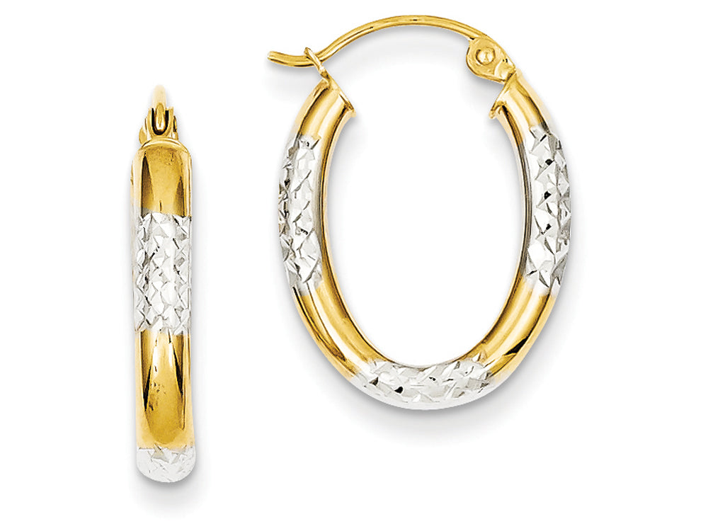 FJC Finejewelers 14k Yellow Gold and Rhodium 3mm Bright Cut Oval Hollow Hoop Earrings