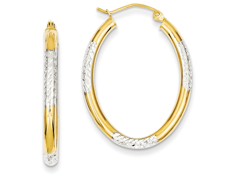 FJC Finejewelers 14k Yellow Gold and Rhodium 3mm Bright Cut Oval Hollow Hoop Earrings