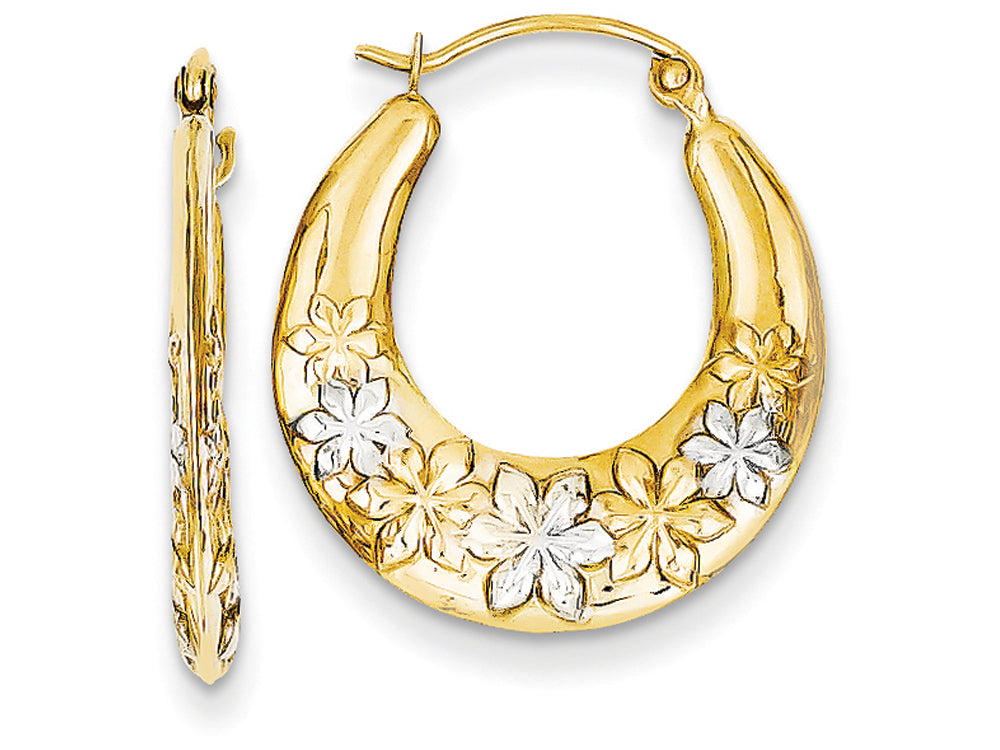 FJC Finejewelers 14k Yellow Gold and Rhodium Hollow Flowers Hoop Earrings