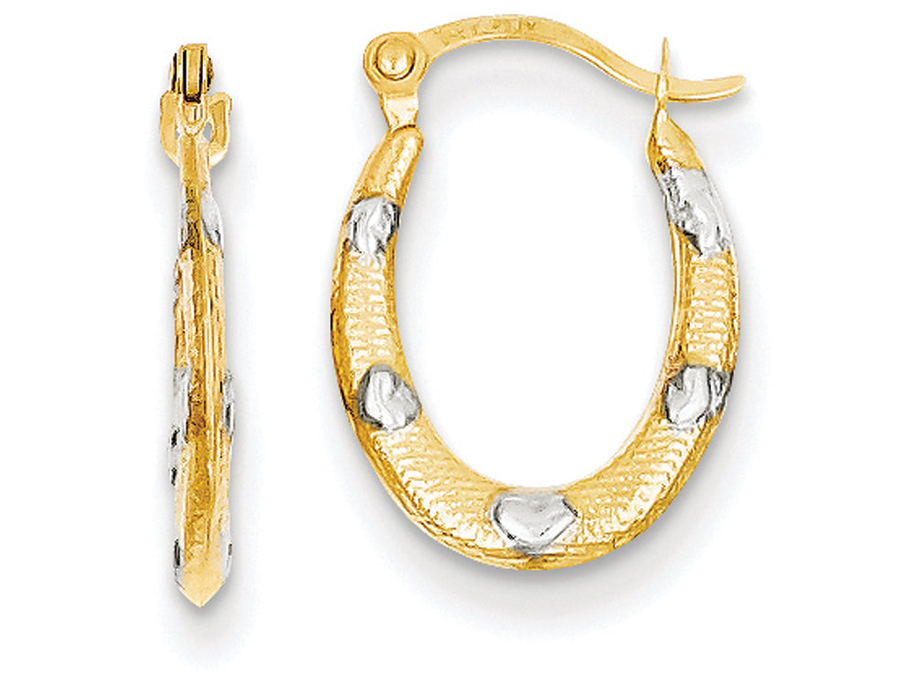 FJC Finejewelers 14k Yellow Gold Rhodium Textured Hollow Oval W/ Hearts Hoop Earrings