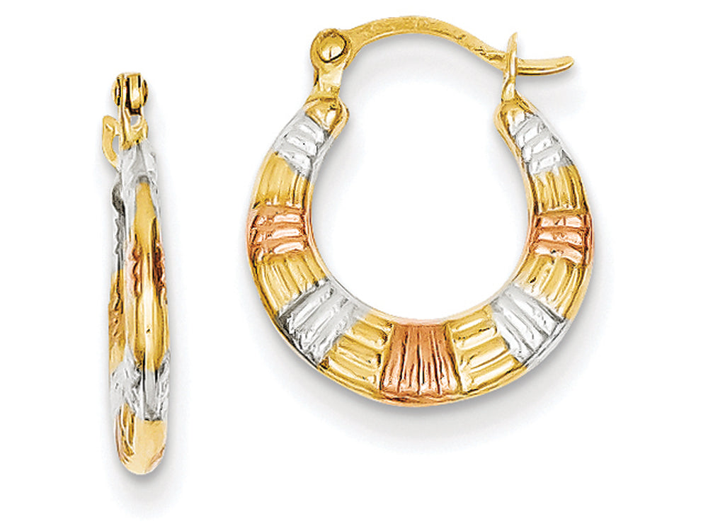 FJC Finejewelers 14k Yellow Gold withj White And Rose Rhodium Hollow Textured Hoop Earrings