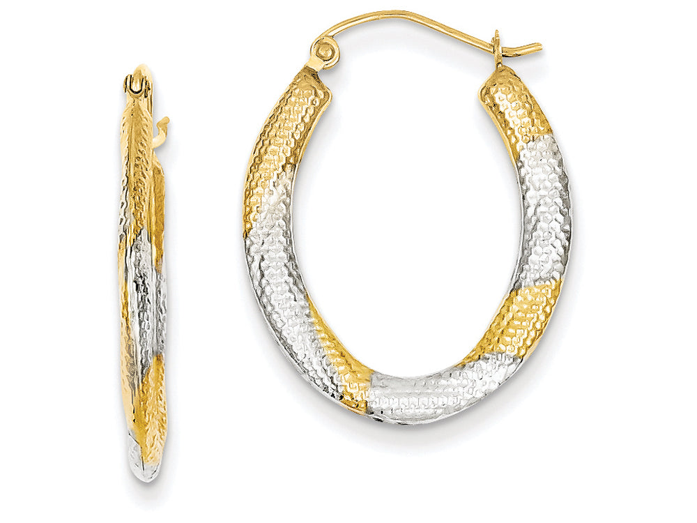 FJC Finejewelers 14k Yellow Gold and Rhodium Textured Hollow Oval Hoop Earrings