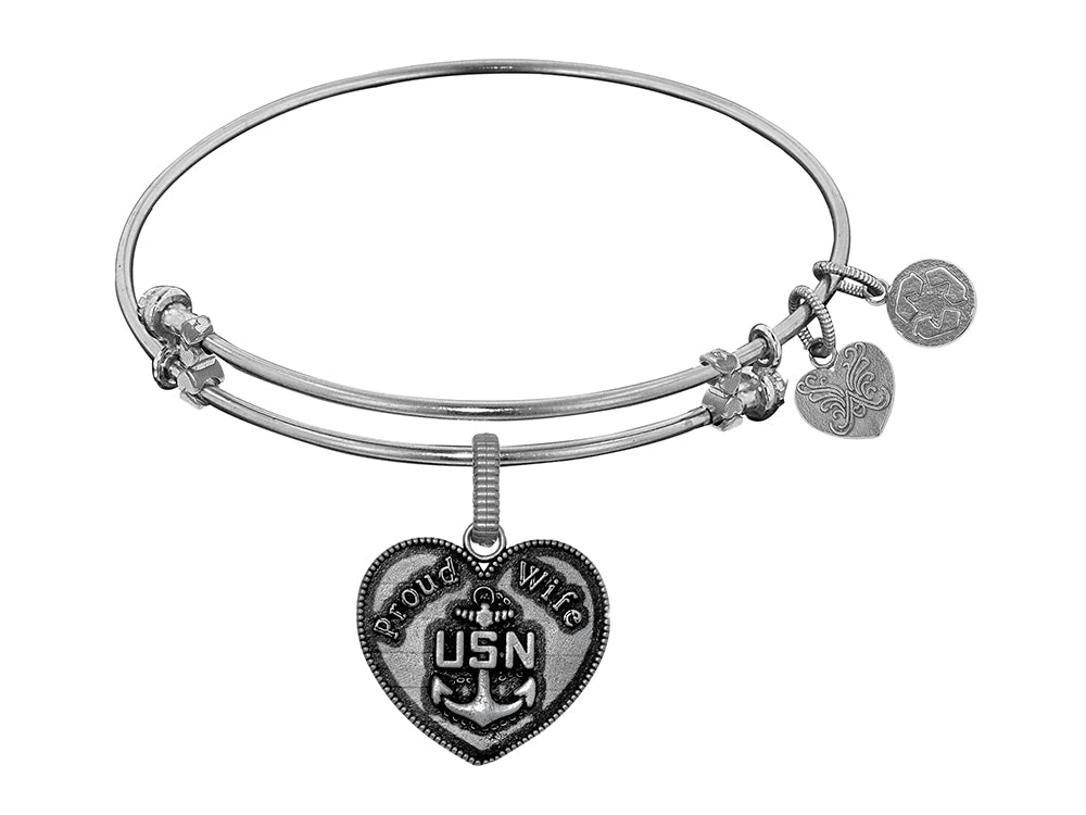 Angelica Collection Brass with White Finish Proud Wife U.S. Navy Heart Shaped Expandable Bangle
