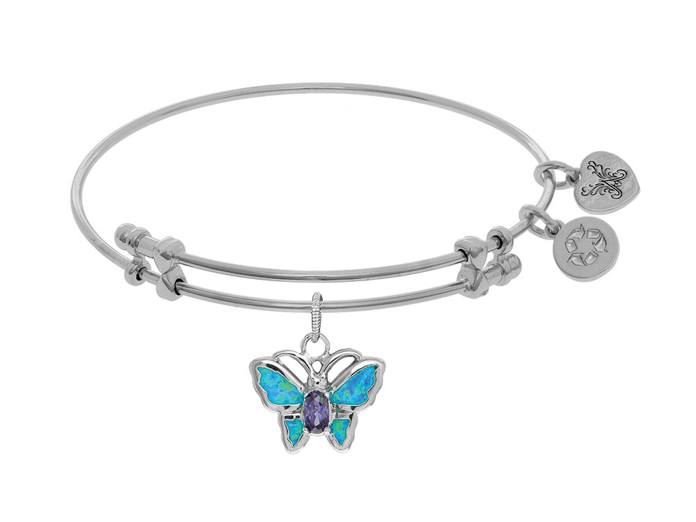 Brass With White Finish Charm With Created Opal Butterfly On White Angelica Collection Bangle
